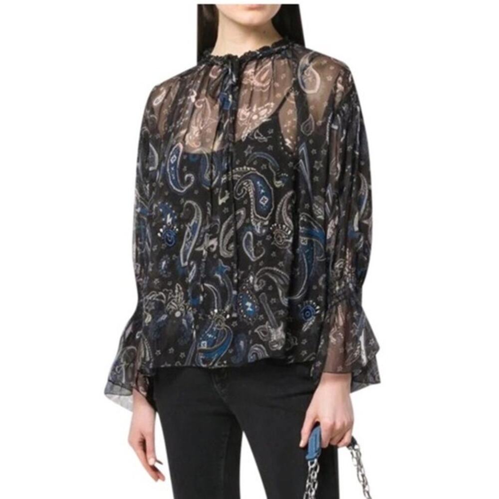Zadig & Voltaire Black Talisa Paisley Print Embellished Blouse Sz Small Women's